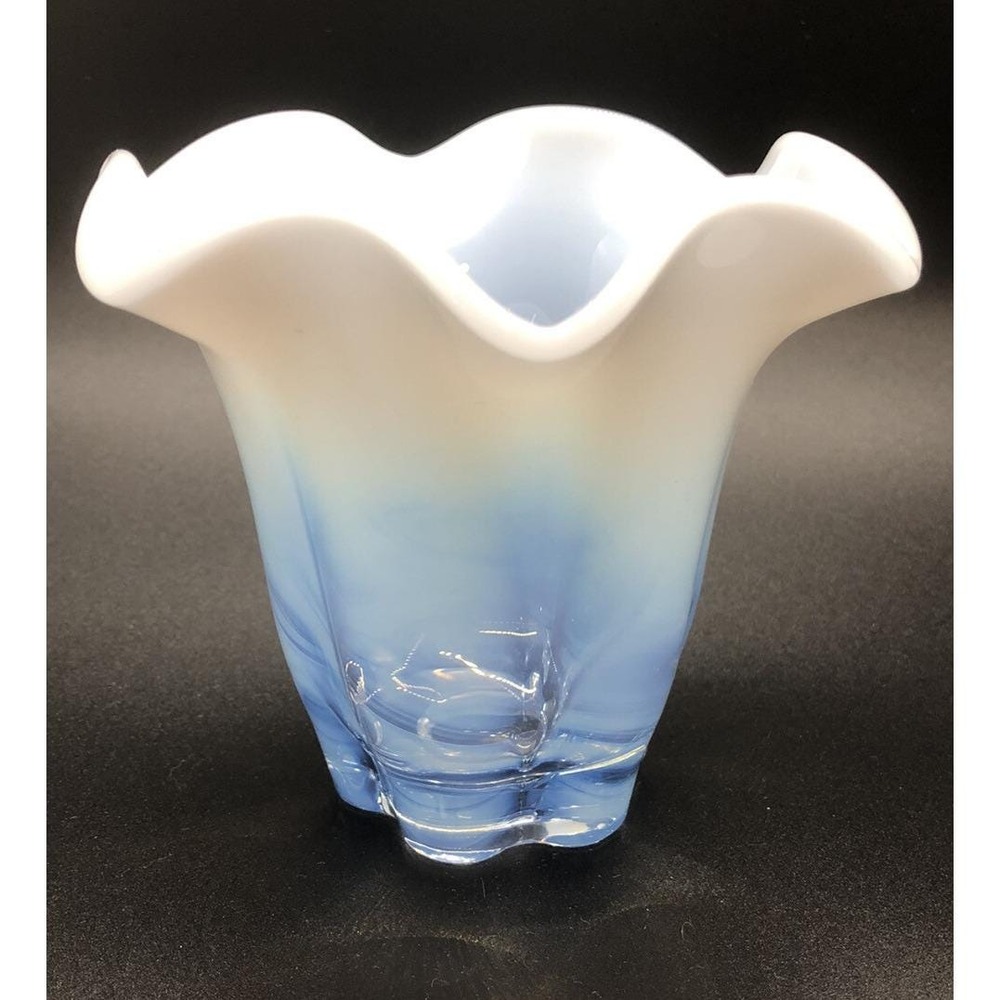 Blue White Opalescent Fade Art Glass Vase Ruffled Rim MCM Style 4" Home Decor